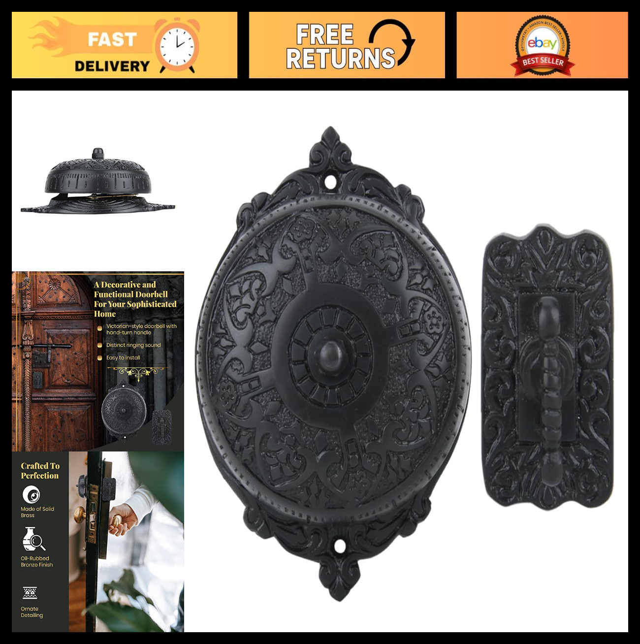 Vintage Wireless Mechanical Twist Doorbell, Victorian Solid Brass Chime, Easy In