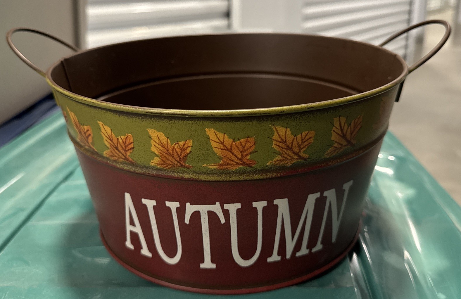 Decorative Metal Bucket Saying “Autumn” & Leaves W/Handles