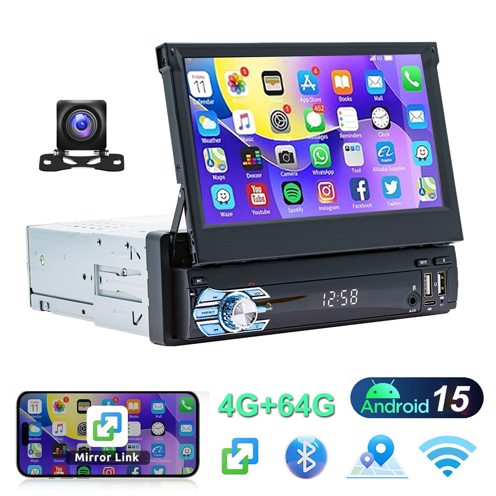 Single 1 DIN Flip out Touch Screen Car Stereo Android 15 Bluetooth w/ MIC&Camera