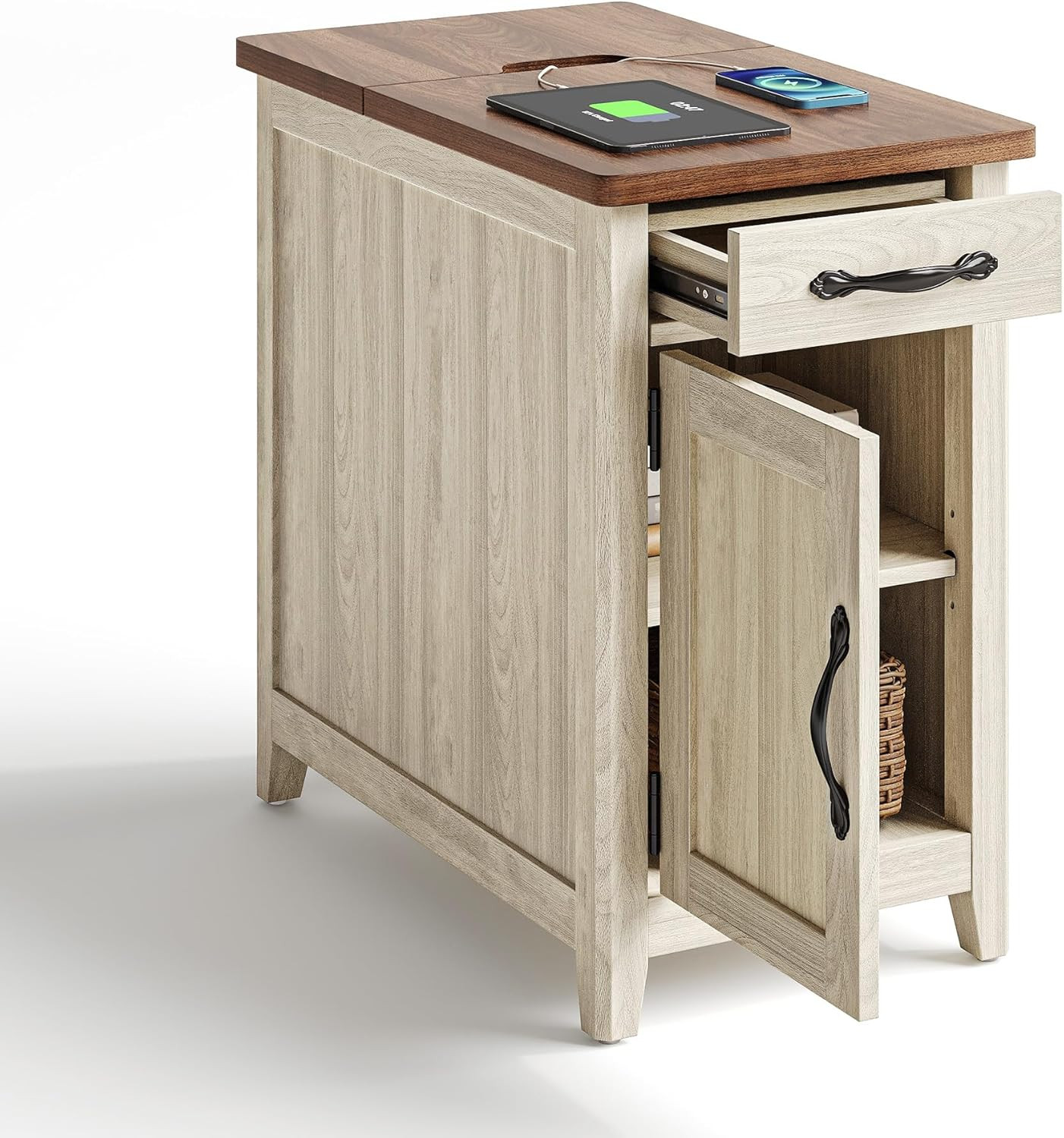 Charging End Table with USB Ports, Wooden Door, Washed Grey | Built-In Charging