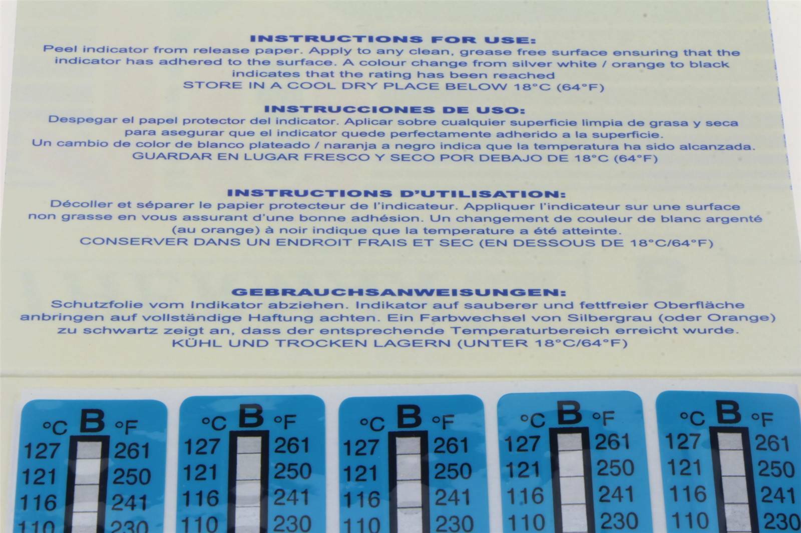 THERMAX TMC 10 strips Temperature Label 10 Level Range B 77-127°C/171-261℉
