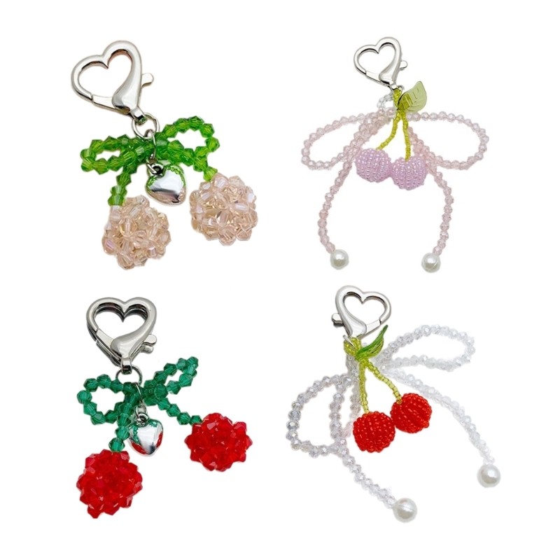 Handmade Crystal Cherries Bowknot Keychain Key Accessory for Fashion Enthusiasts