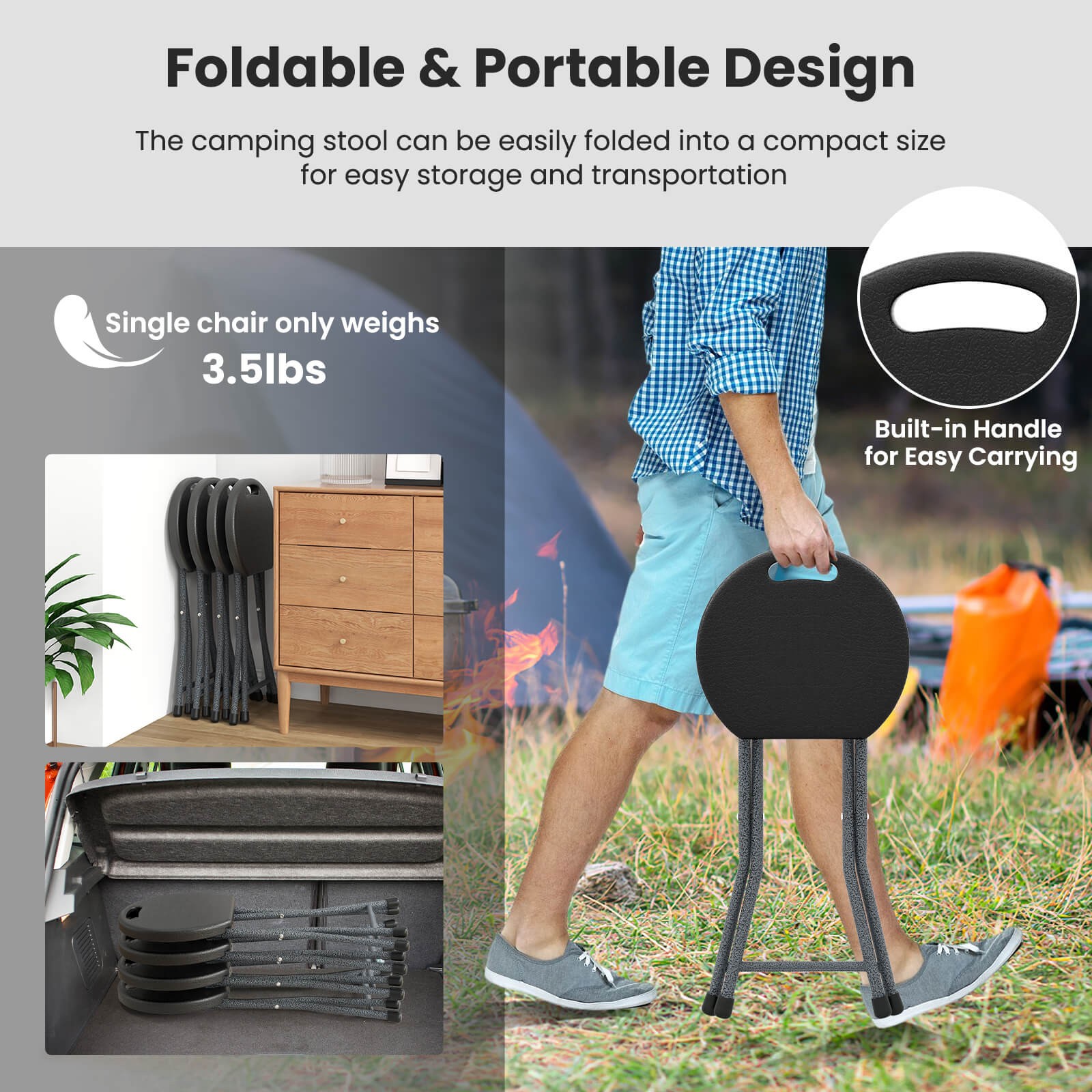 3PCS 18"H Folding Stool Portable & Foldable Camping Chair w/ Built-in Handle