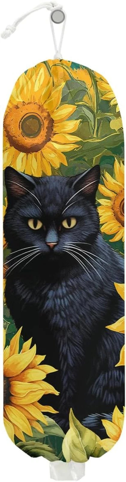 Sunflower Cat Plastic Bag Holder, Wall Mount Grocery Bag Holder, Plastic Storage