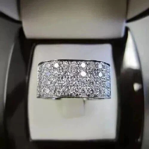 4CT Round Pavé Lab Created Diamond Ring Silver Men's Eternity Wedding Wide Band
