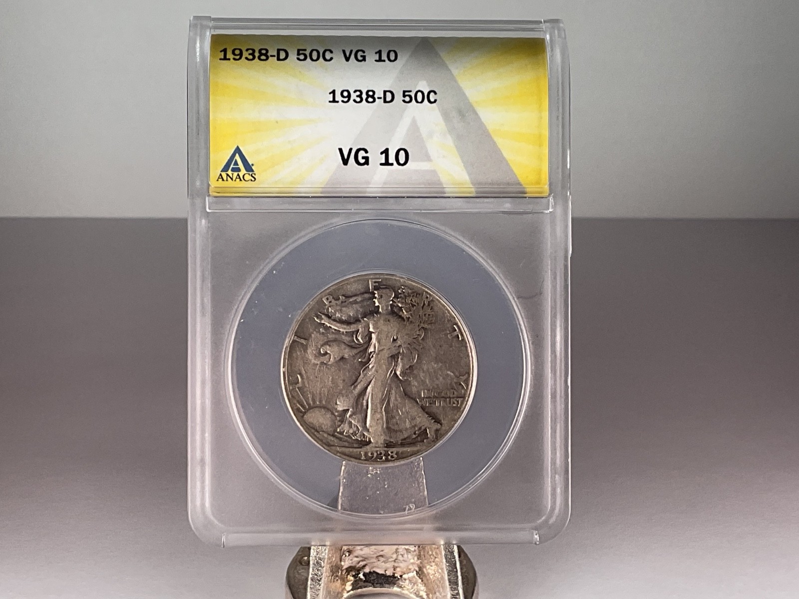 1938-D Silver Walking Liberty Half Dollar, ANACS VG-10, Semi-Key Date!