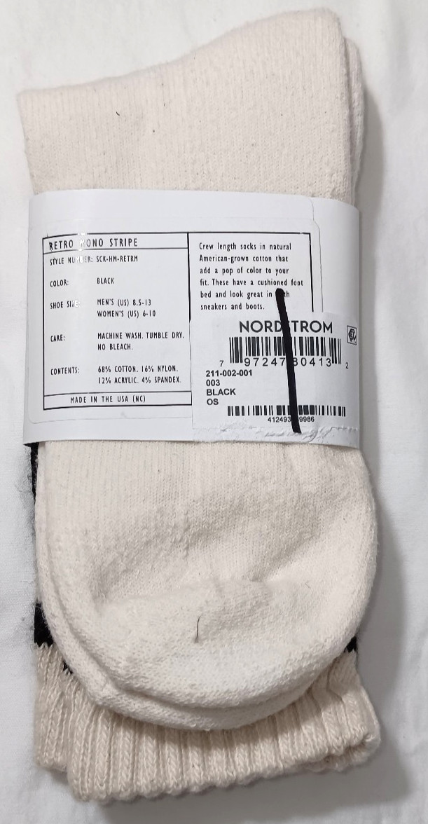 Lot of 2 American Trench Unisex Ivory Black Retro Mono Stripe Crew Socks O/S NEW