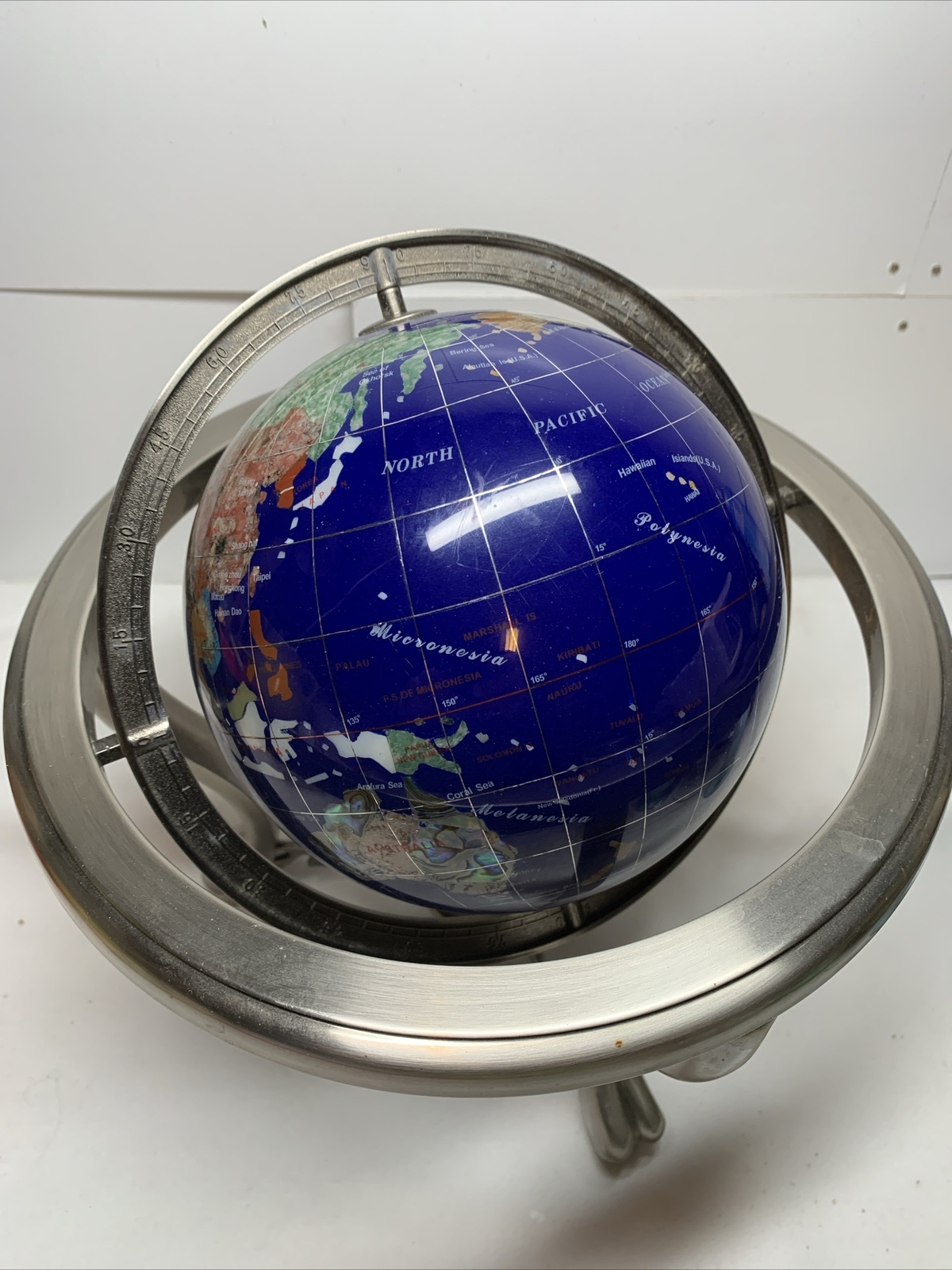Polished Stone Globe in 360° Rotating Brass Frame