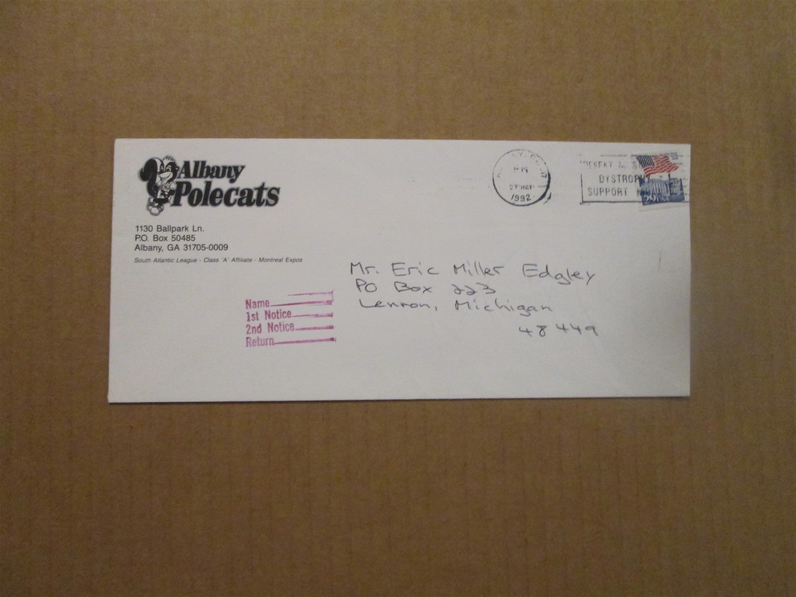 SAL Albany Polecats Vintage Defunct Dated 1992 Team Logo Business Envelope
