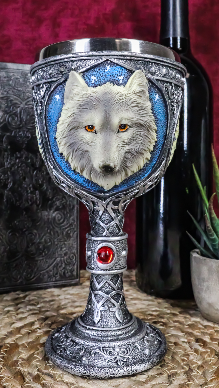 Large Magical Celtic Blue Ancient Gray Wolf Goblet Chalice Cup Figurine 8oz