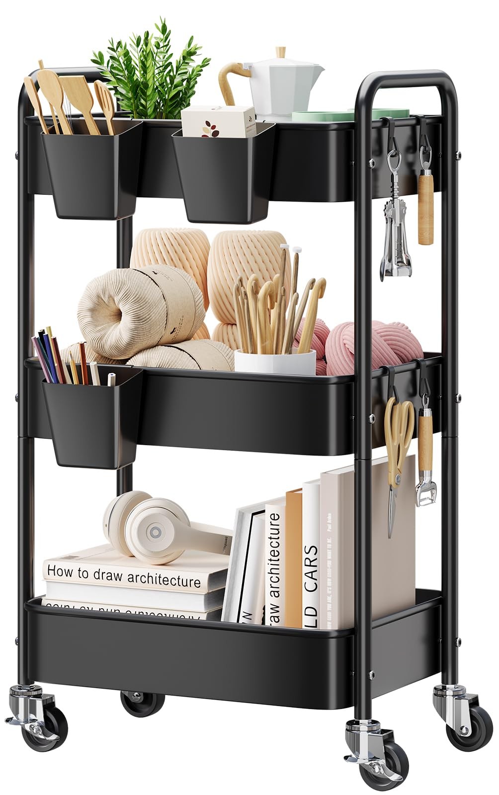3 Tier Rolling Cart on Wheels, Metal Utility Storage Cart with Wheels, Three ...