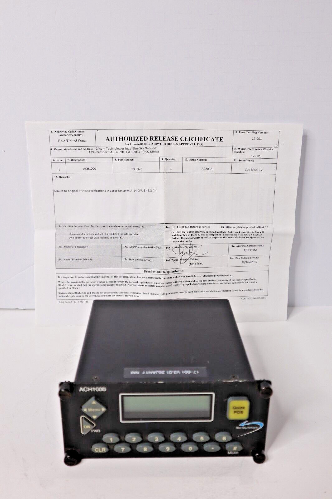 Blue Sky Network ACH1000 Control Panel Gilcom Technologies 100260 w/ FAA 8130-3