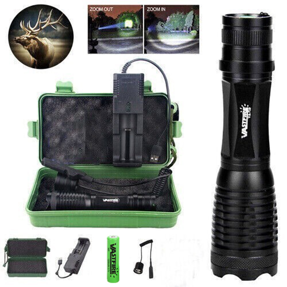 Rechargeable LED Flashlight 800Yards Work Light Zoomable Torch With Switch Mount