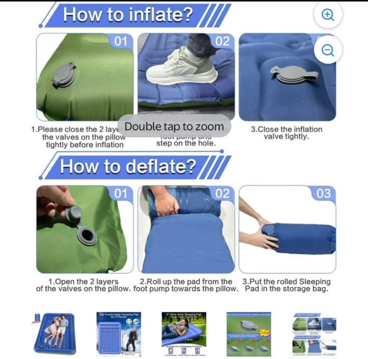 Double Sleeping Pad Camping, Self Inflating 6'' Extra-Thick 2 Person Pillow Buil