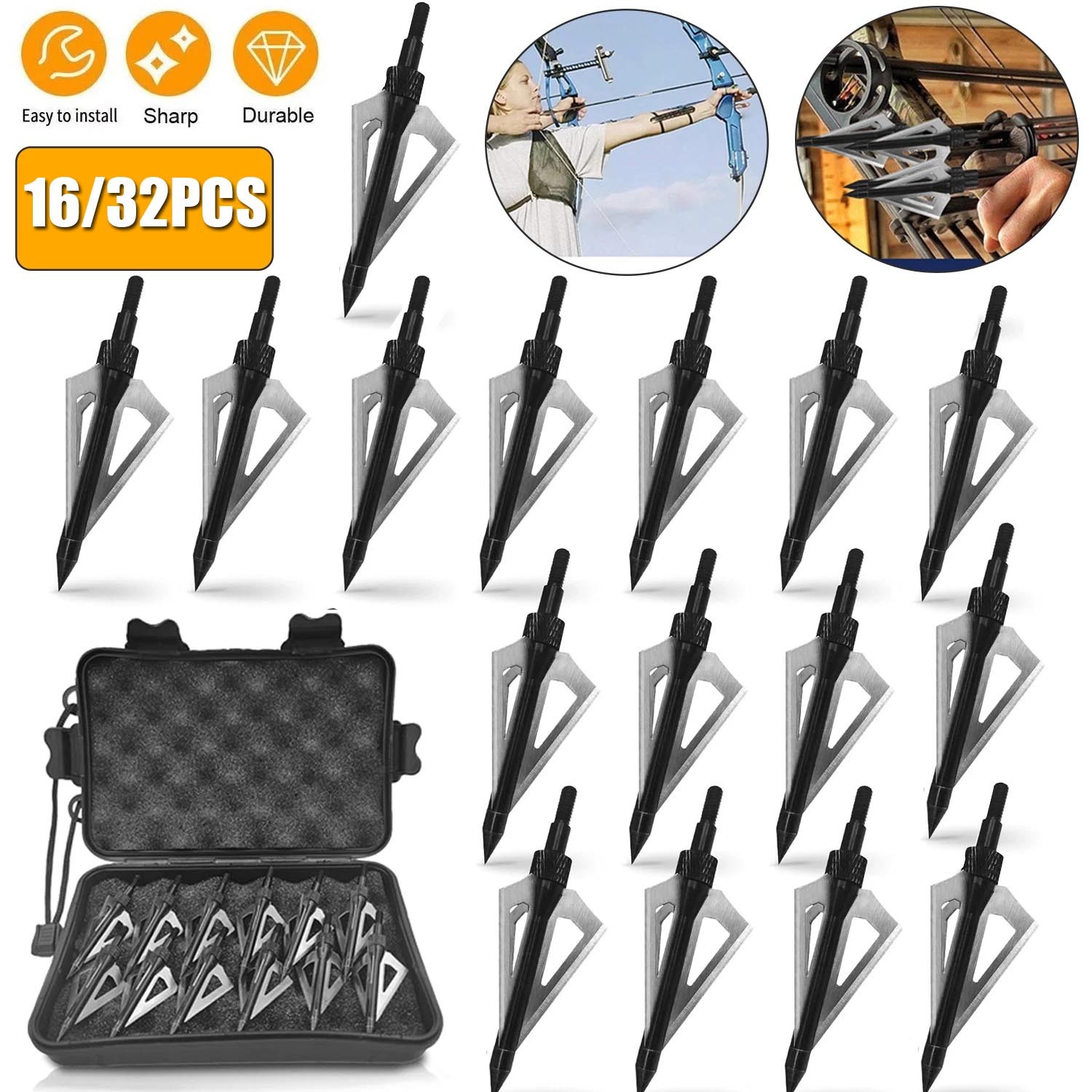 32/16Pack 3 Blade Arrowheads 100 Grain Broadheads Arrows Hunting Archery W/ Box