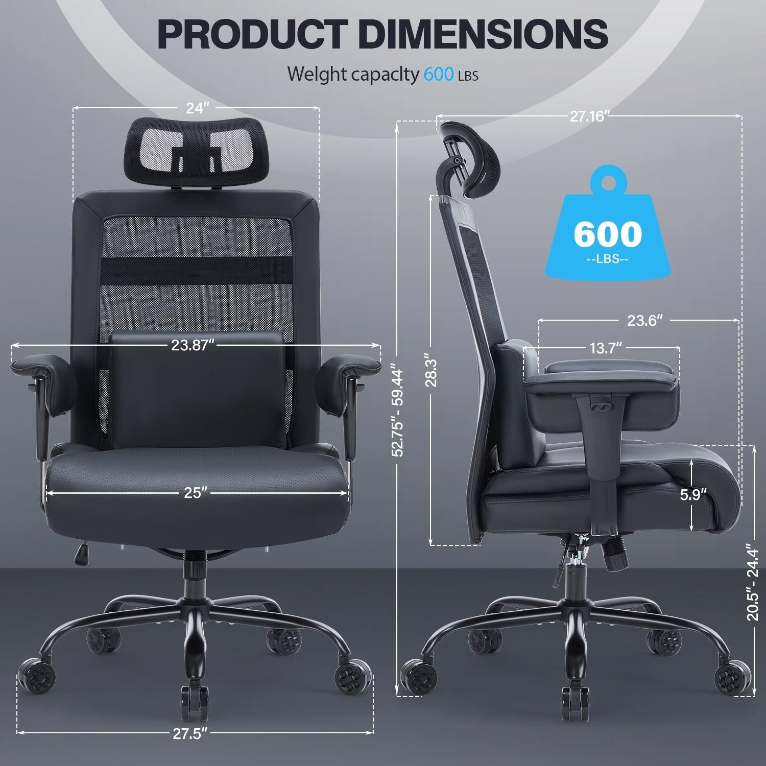 600lbs Heavy-Duty Mesh Desk Chair - Extra Wide Seat & Lumbar Support Black