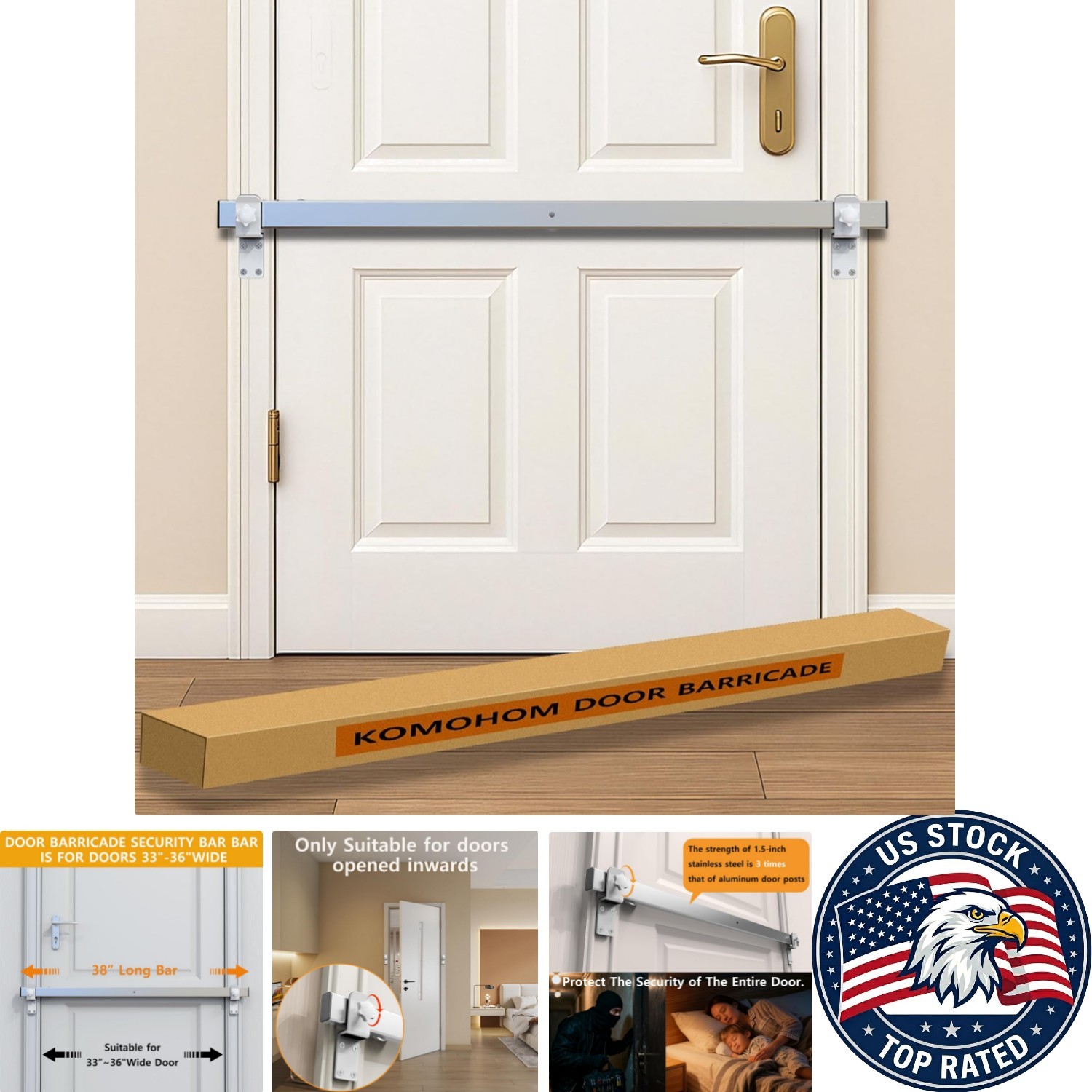 Installation-Ready 38" Stainless Steel Door Lock Bar for Immediate Home Defense