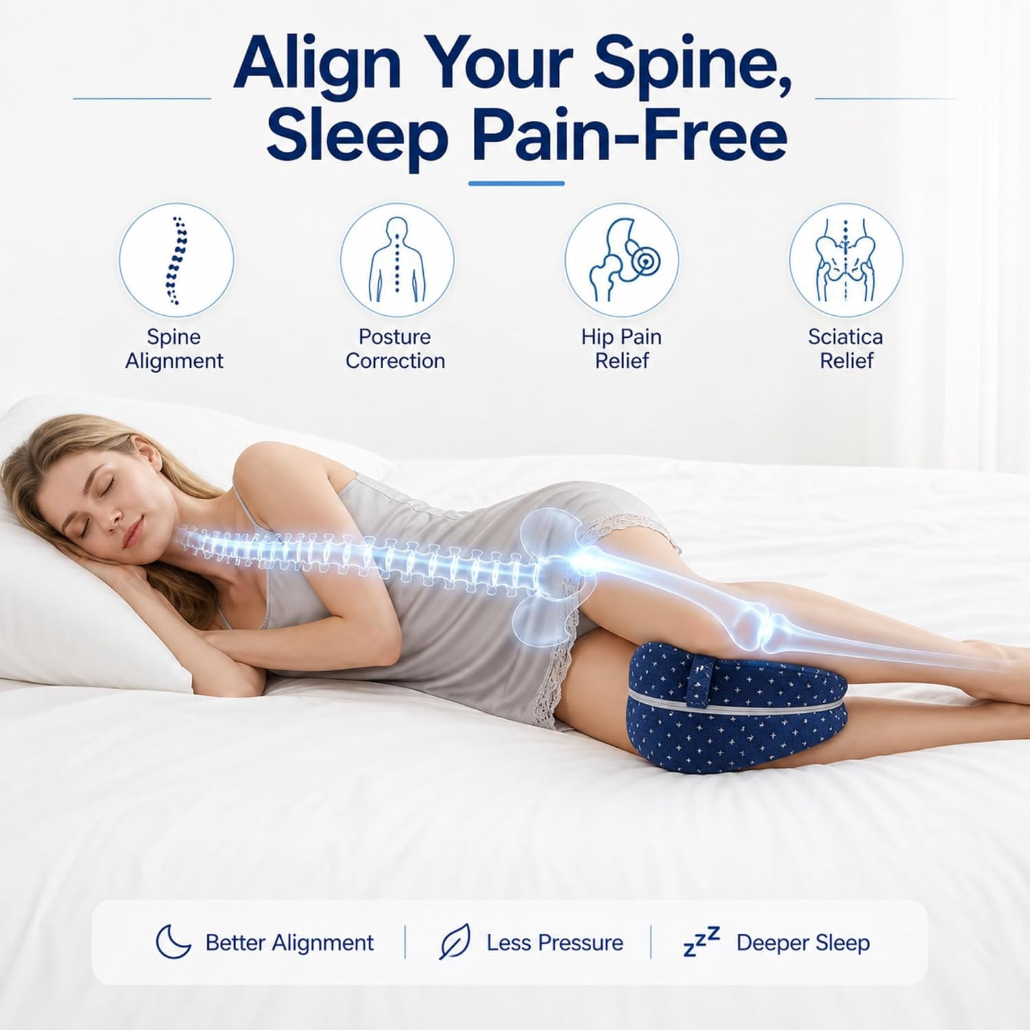 Alignment Pillow for Side Sleepers, Memory Foam Knee Pillow with Adjustable Stra