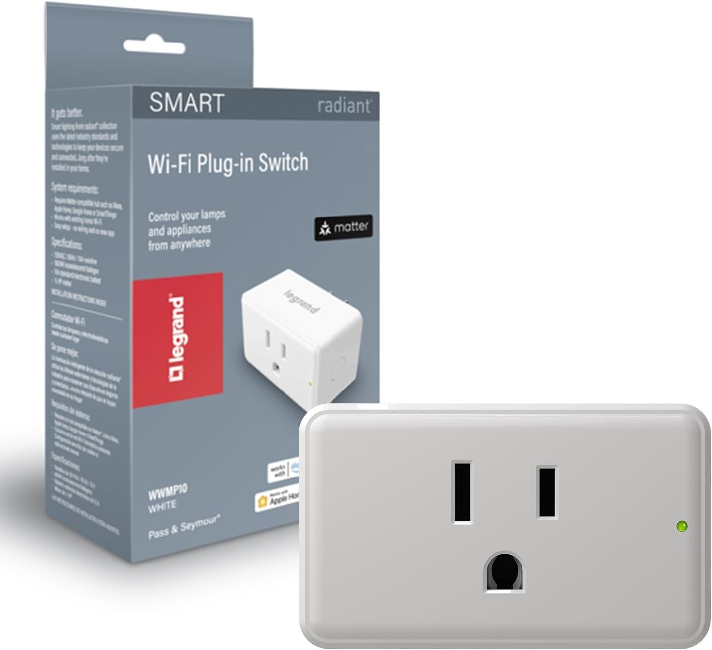 Legrand Radiant® Wi-Fi Matter Smart Plug Matter Hub Required 15A, Easy Setup