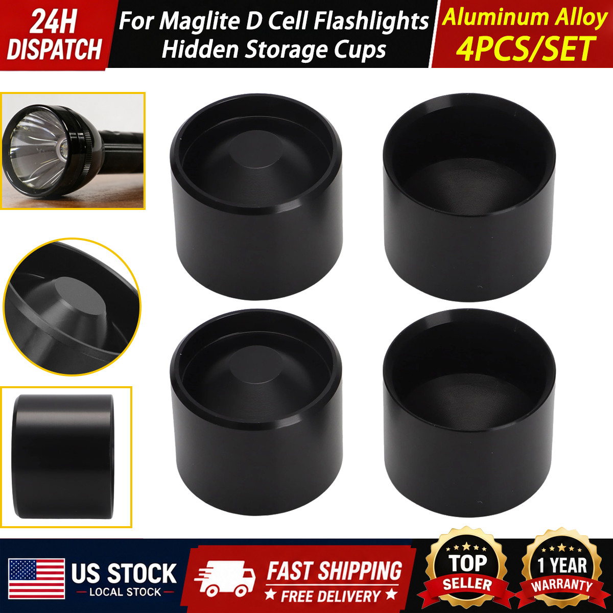 For Maglite D Cell Dry Storage Hidden Cups Anodized Aluminum Non Freeze Plugs *4