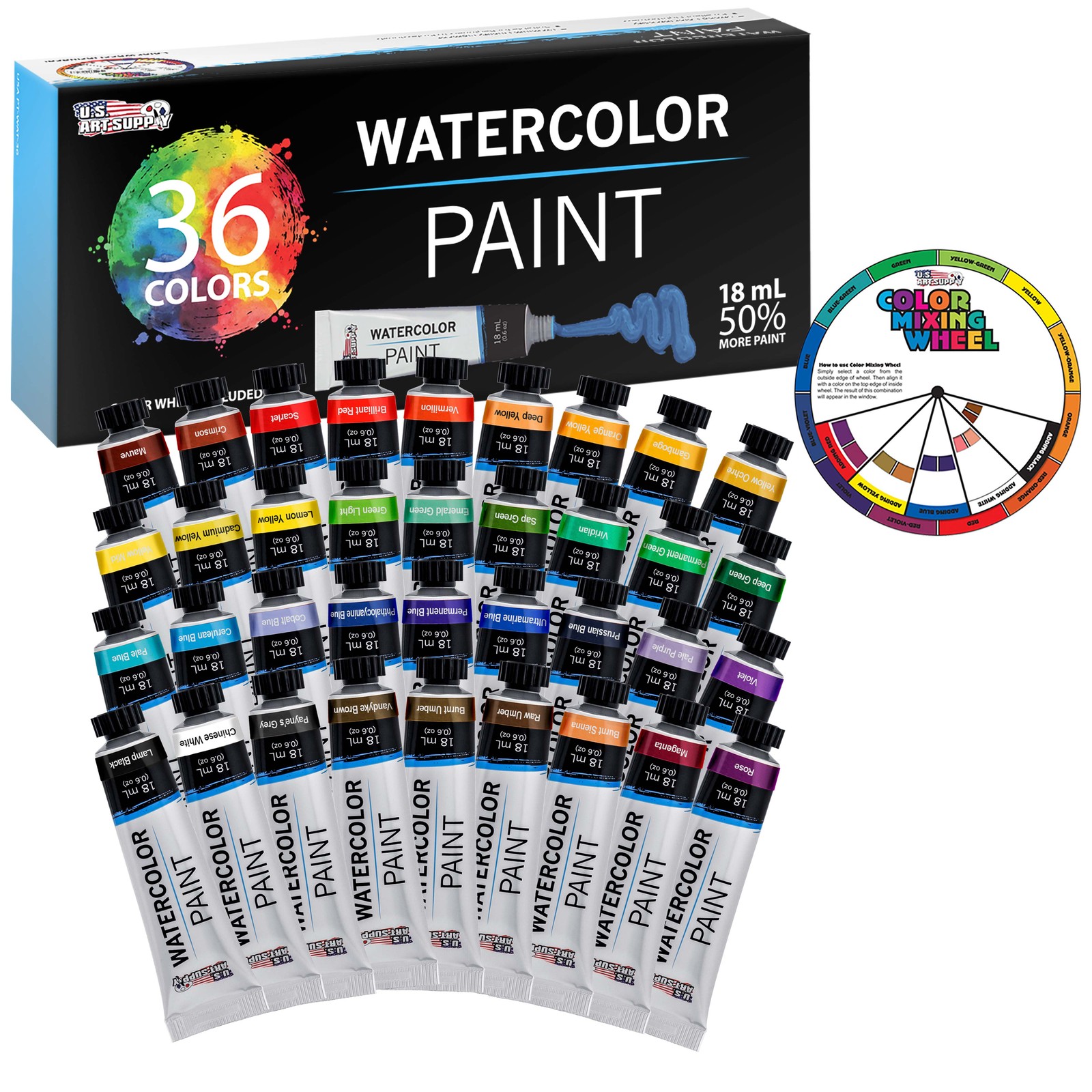 Professional 36 Color Art Watercolor Paint Set, 18ml Tubes Craft Artist Painting