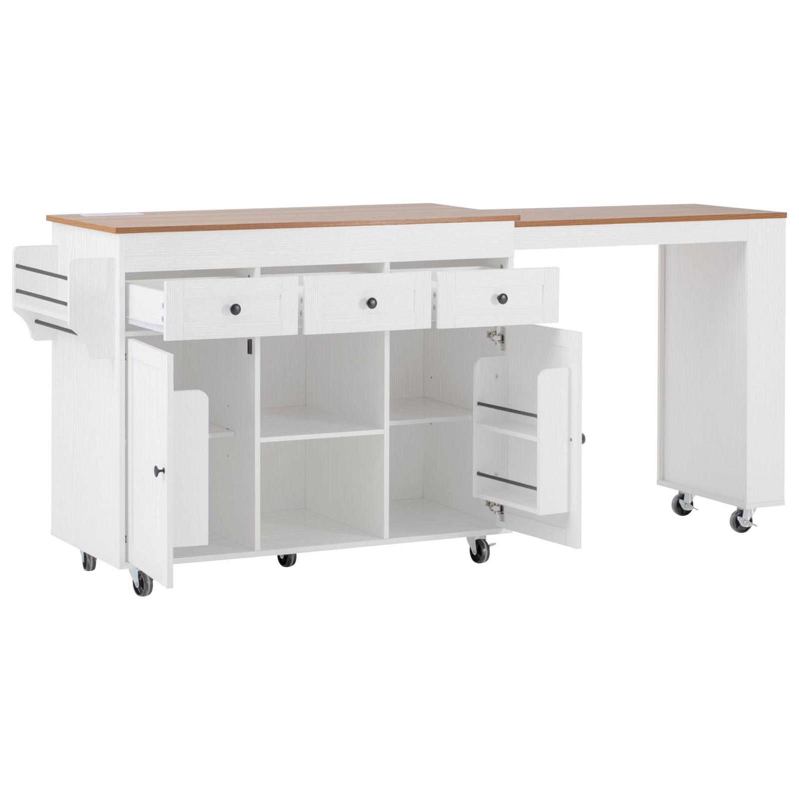 White Kitchen Island with Extendable Dining Table, 3 Drawers, 2 Doors, 85.5"