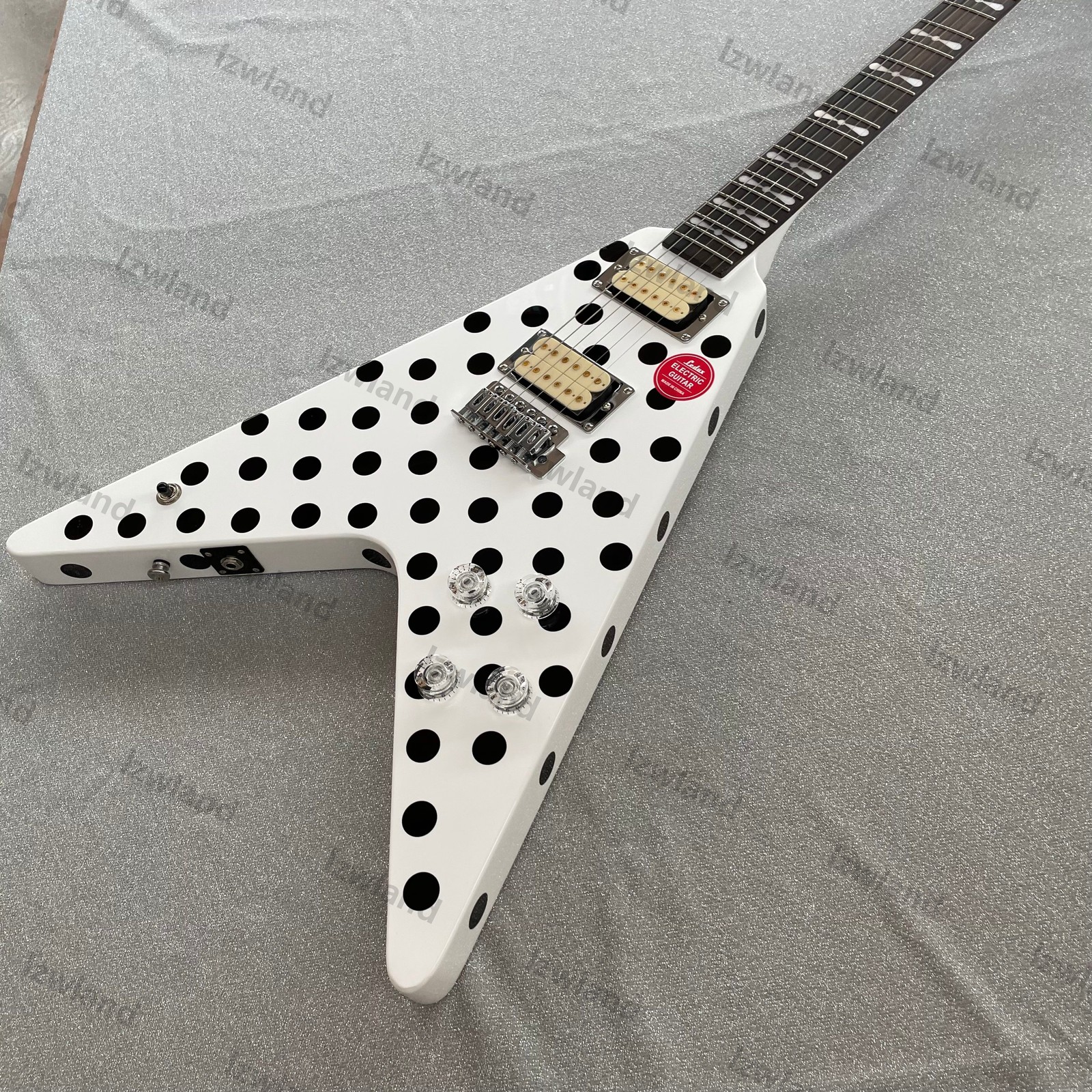 V Shape Electric Guitar H-H Pickups Black Polka Dot White Finish Chrome Hardware