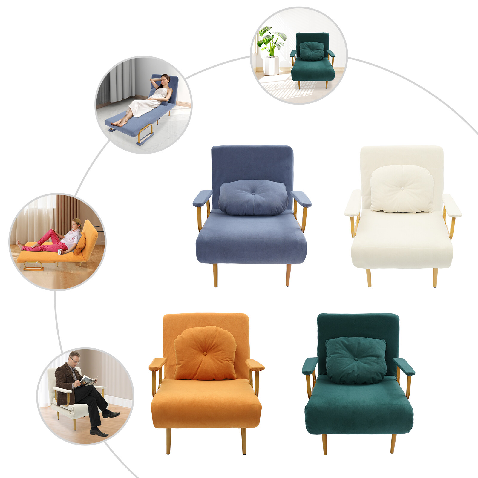 Sofa Bed Chair 3-in-1 Convertible Chair Lounger Sleeper Chair Single Recliner