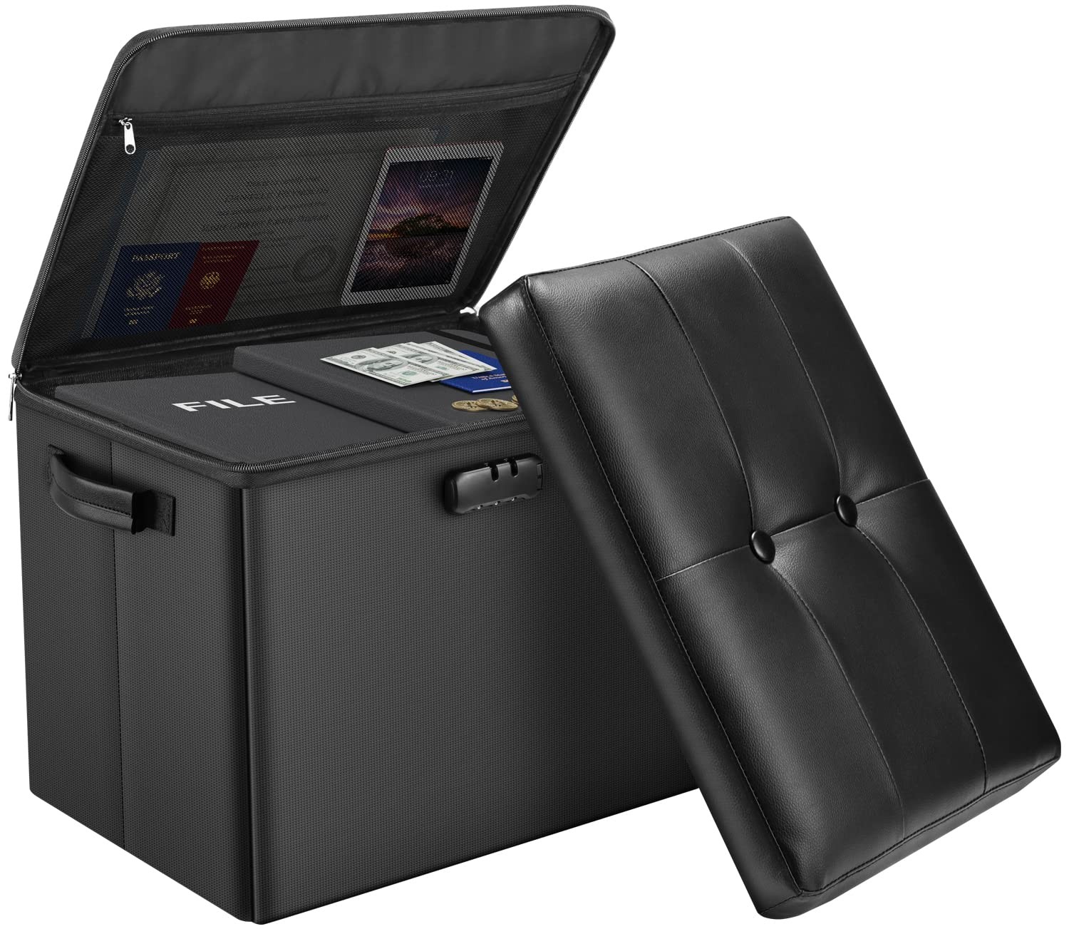 DocSafe Storage Ottoman with Lock,Fireproof Folding 17"D x 13"W x 13"H, Black