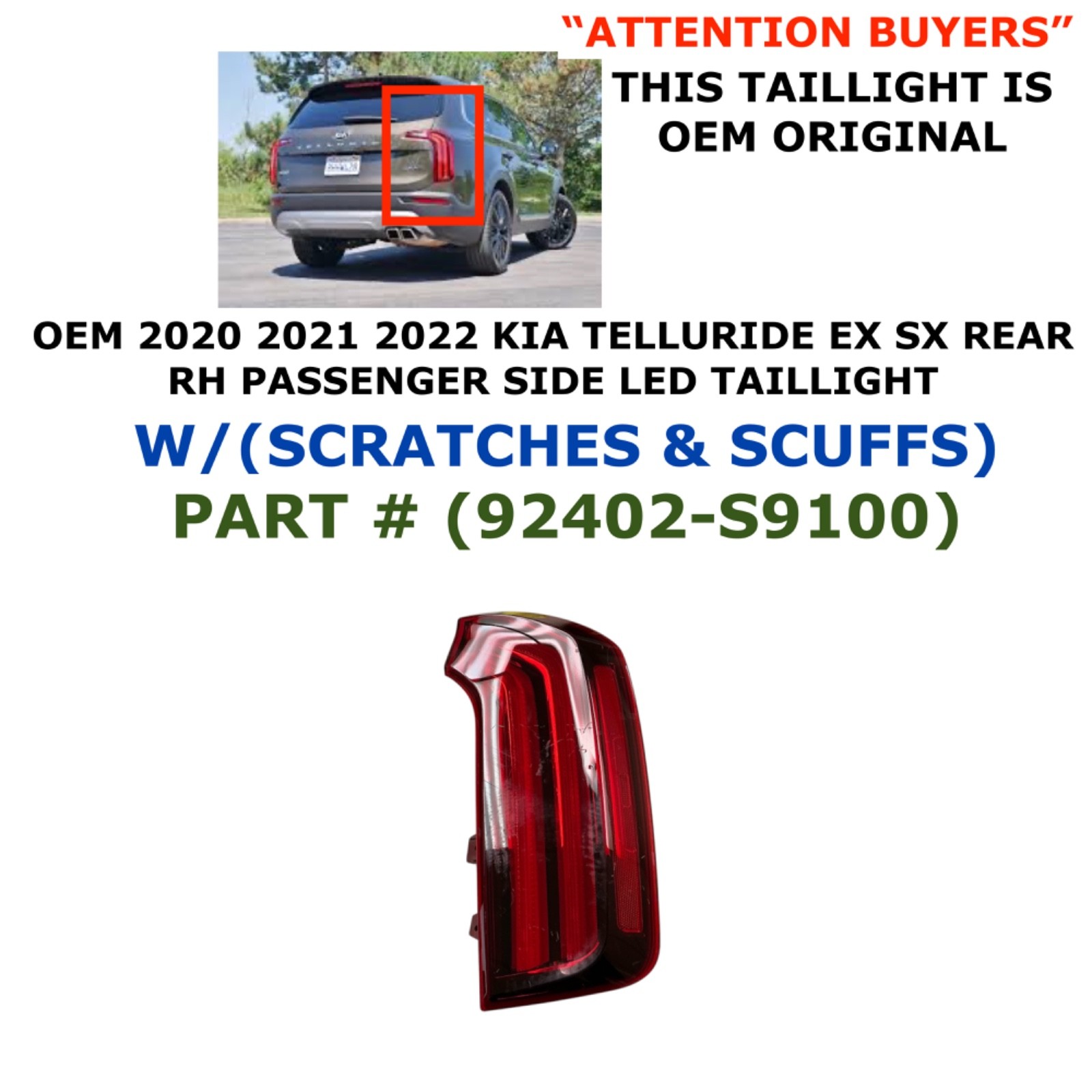 2020 2021 2022 KIA Telluride EX SX rear right side LED taillight 92402-S9100