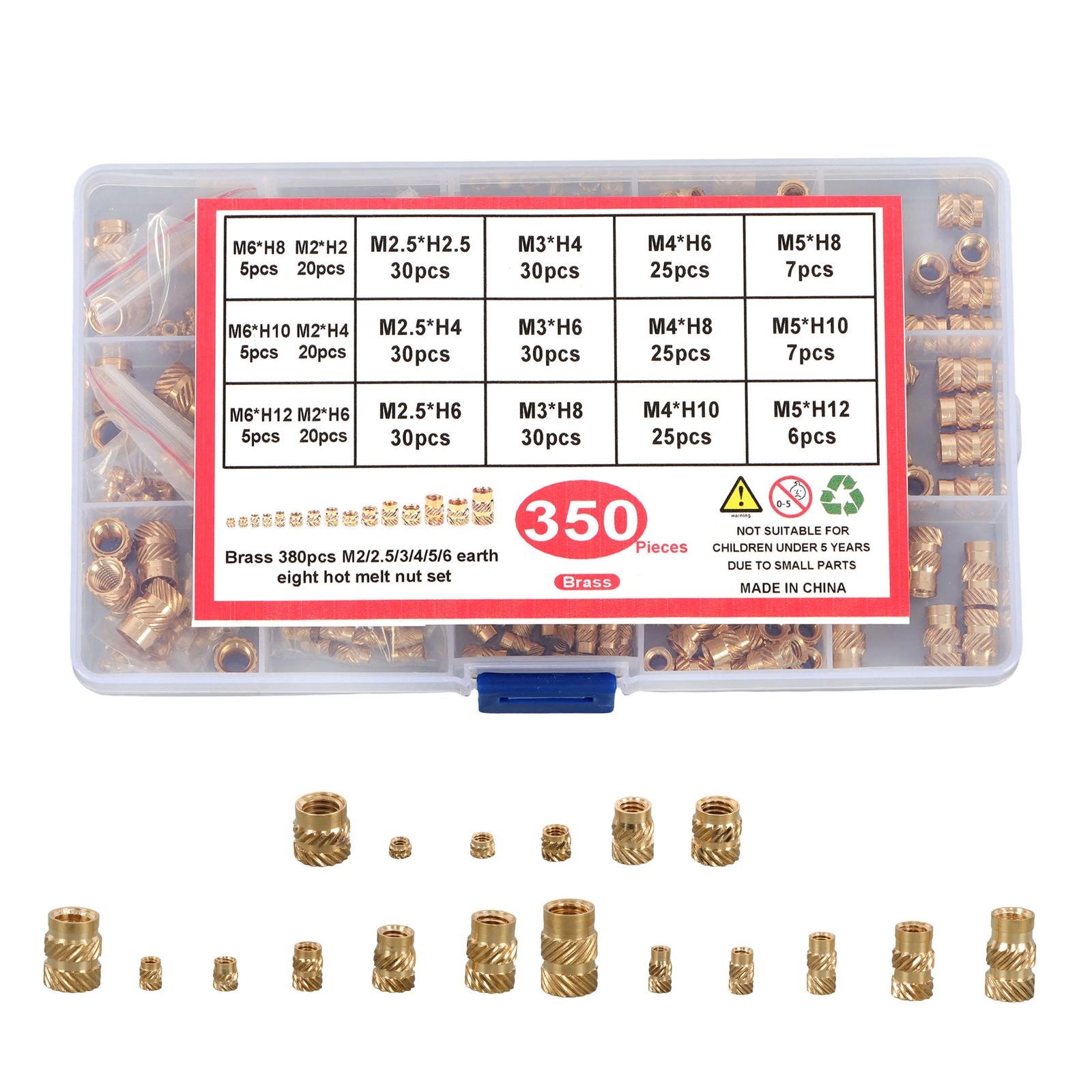 350Pack threaded inserts assortment kit M2-M6 metric internal thread rolled