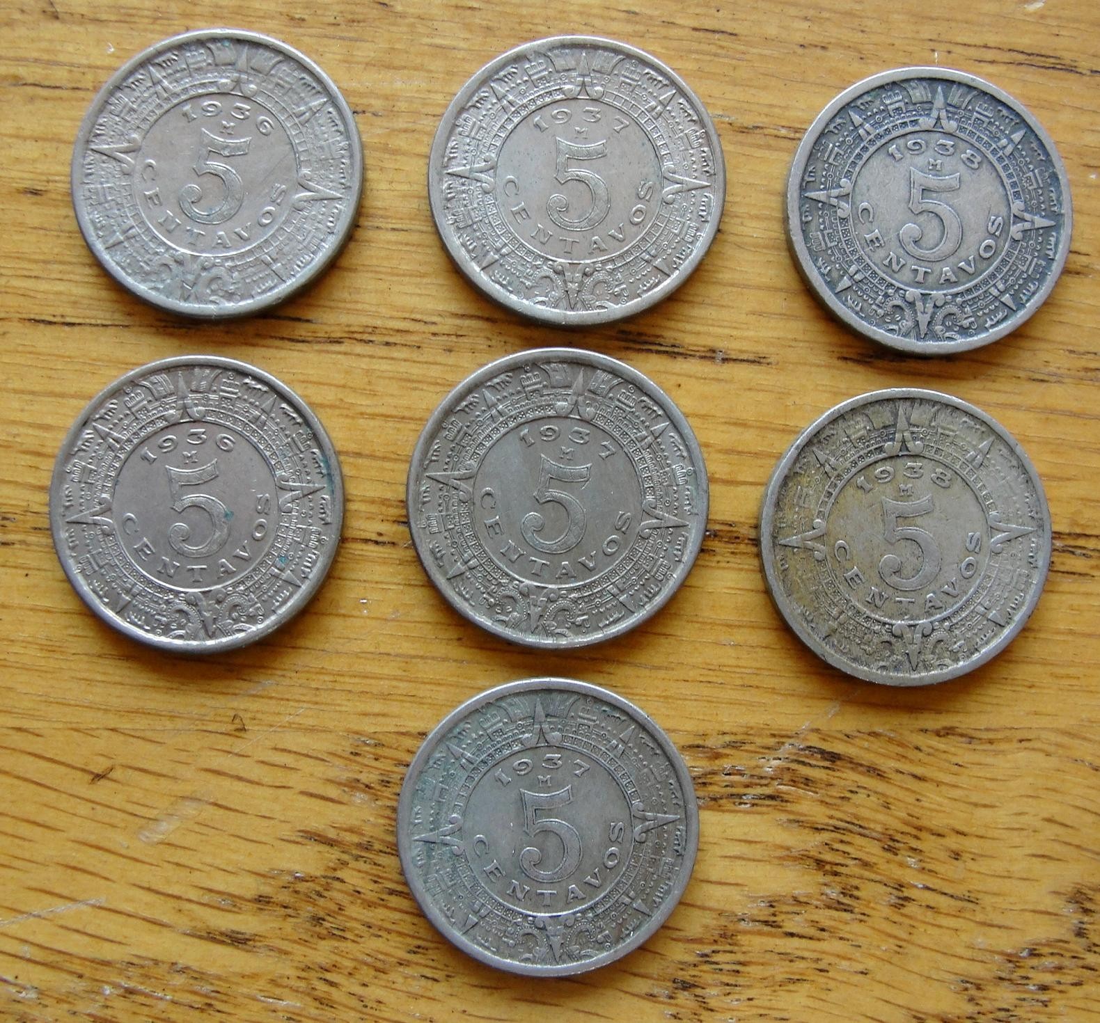 7 Coin Lot of 1936, 1937, 1938 MEXICO Cinco 5 Centavos