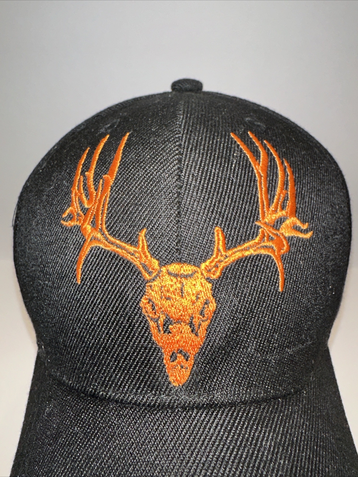 DEER Black Hat Cap Embroidered Orange Buck w Antlers Hook Loop