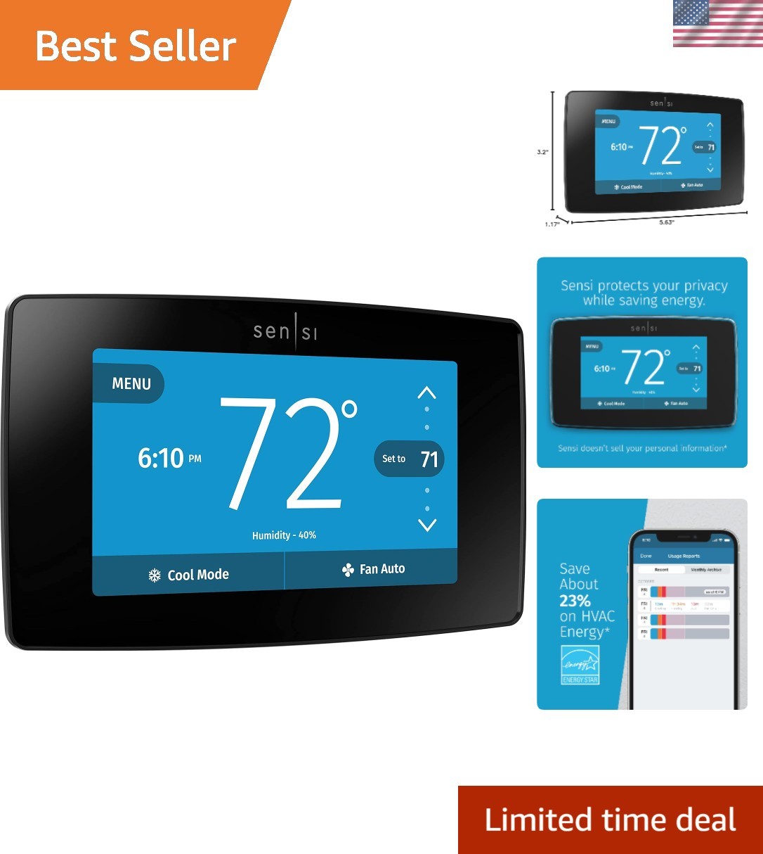 Sensi Touchscreen Wi-Fi Smart Thermostat with Geofence - Save Energy & Relax