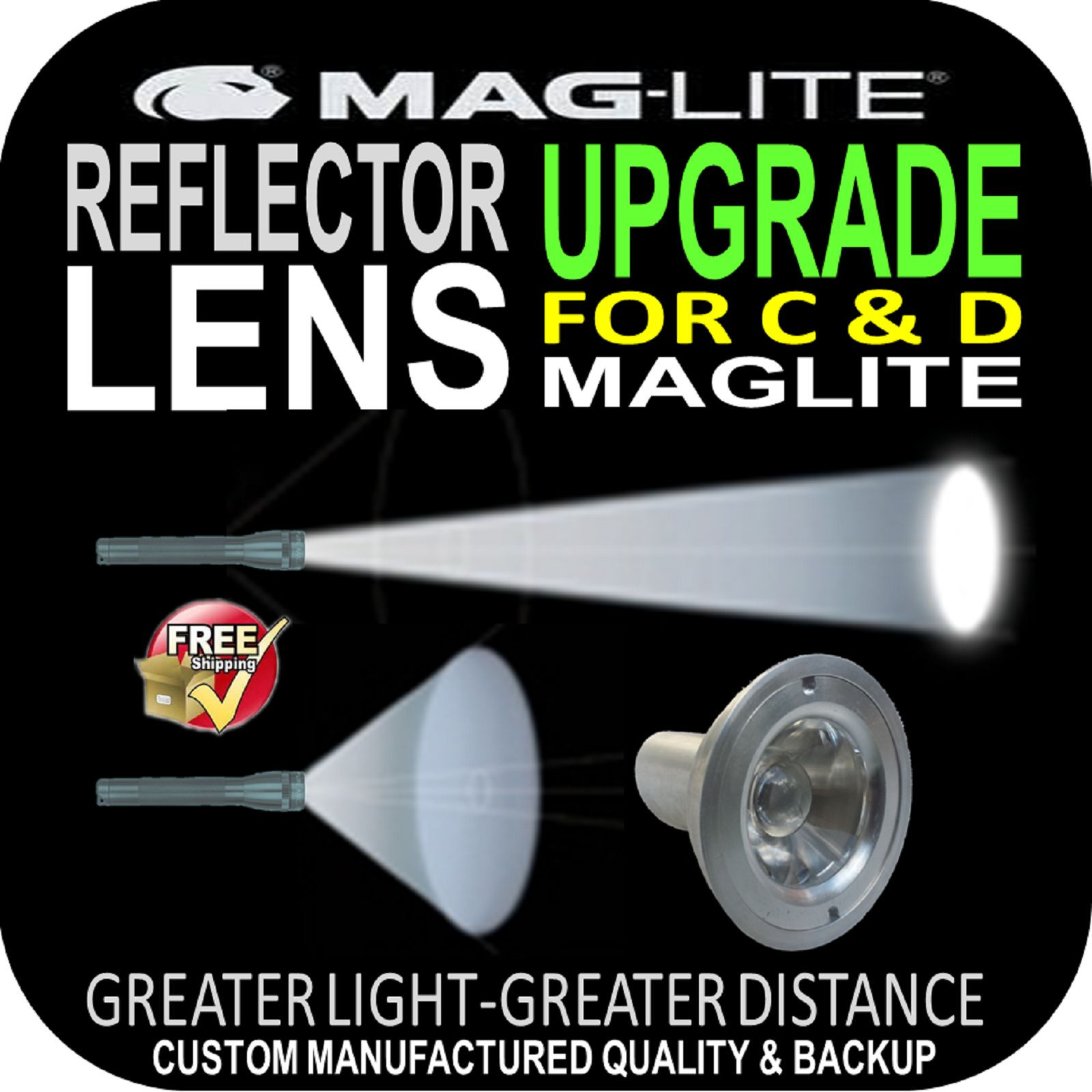MAGLITE UPGRADE REFLECTOR LENS  for FLASHLIGHT TORCH C & D SIZE PATENTED DESIGN