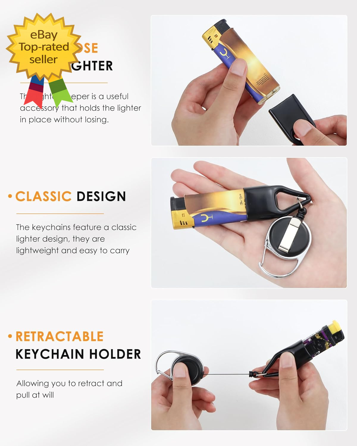 10PCS Retractable Lighter Clip Holder Keychain Lighter Leash Black