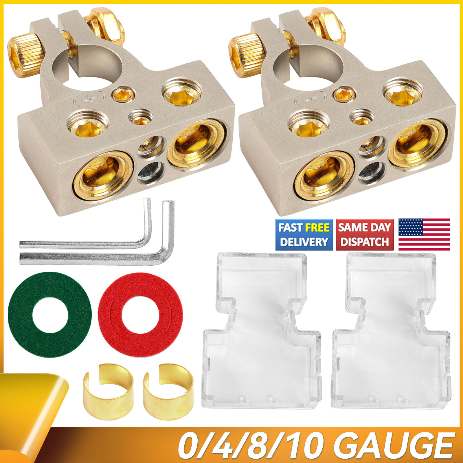 2pcs 0/2/4/8/10 Gauge Positive Negative Car Battery Terminal Clamp Connectors