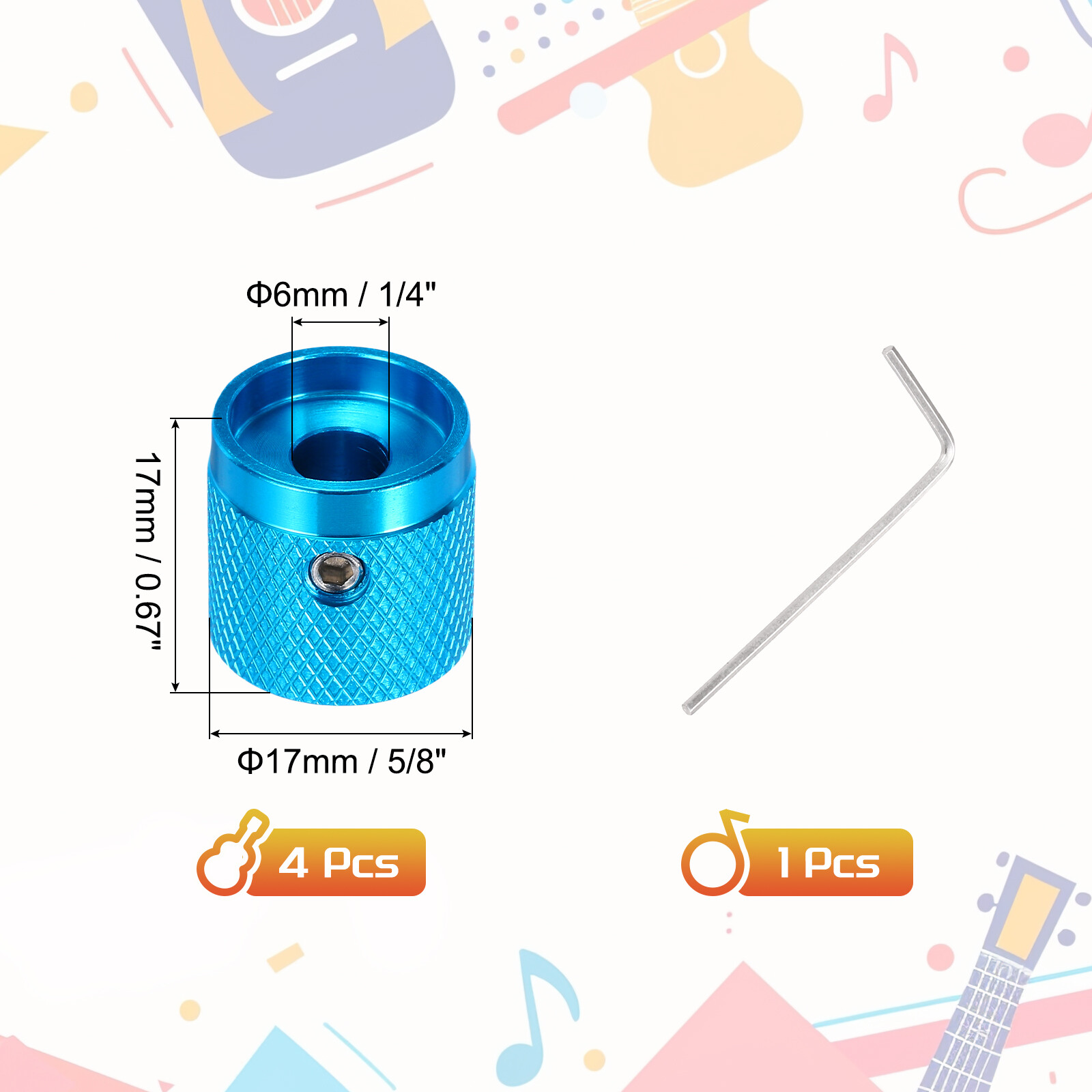1PCS Guitar Knobs Metal, Volume Tone Knobs 1/4" x 5/8" x 0.67", Blue