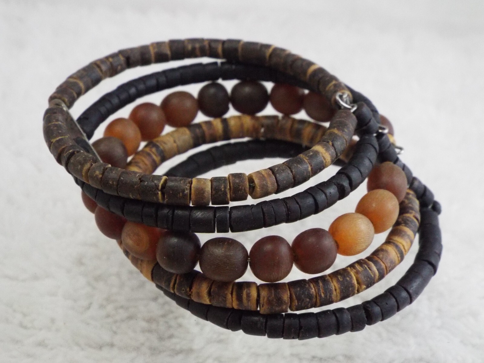 Brown Wood Bead Coil Cuff Bracelet (B39)