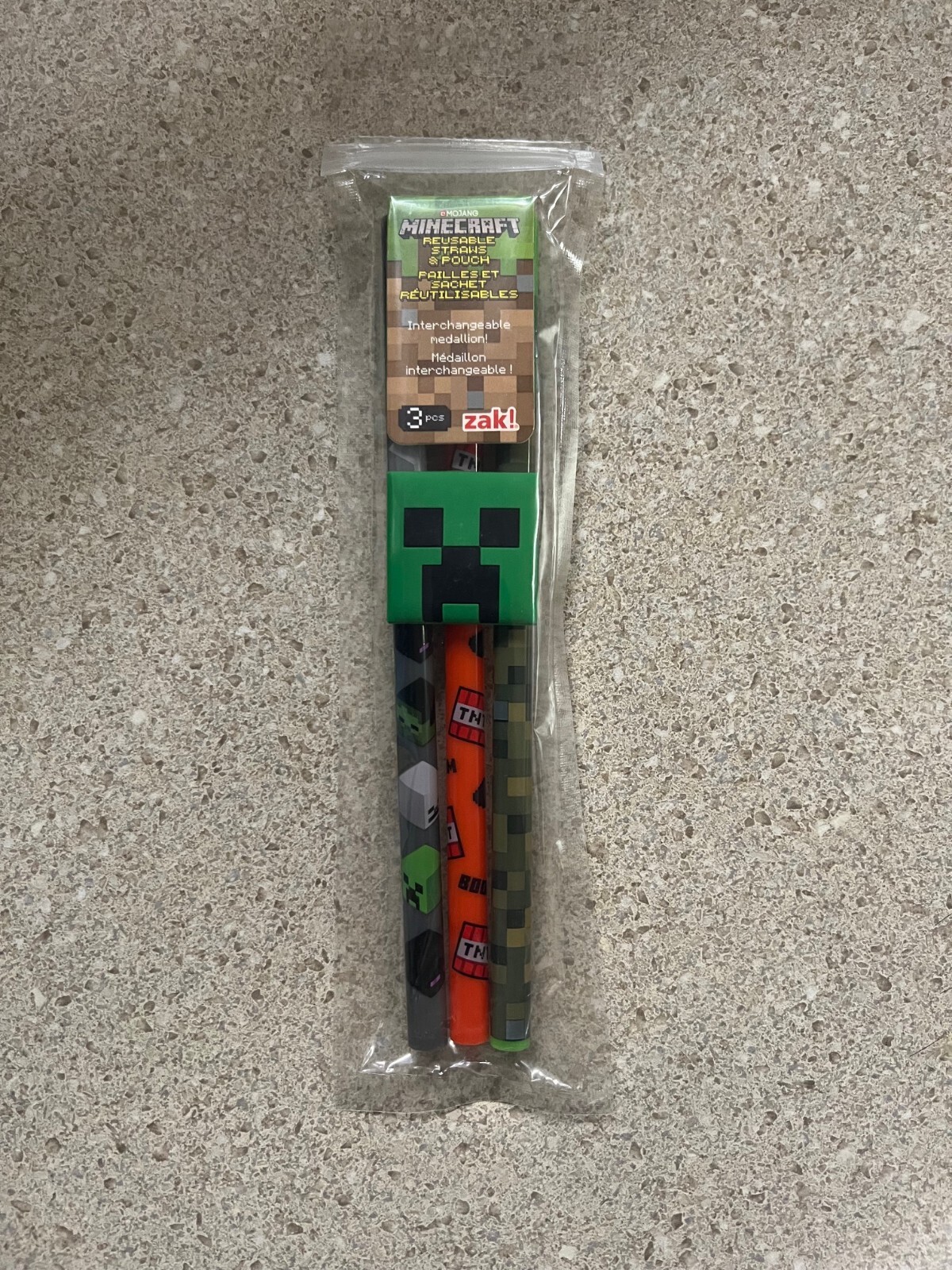 Minecraft 3ct Reusable Straws w/ Interchangeable Medallion New