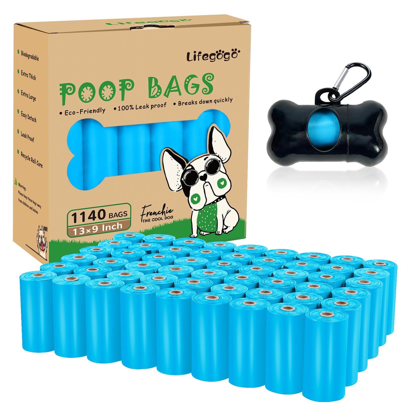 Unscented Dog Poop Bags, 1140 Count, Leak-Proof, Extra Thick, Blue