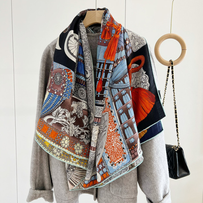 70% Cashmere 30% Silk Wrap Scarf armour Print Double Face Print Shawl 135X135cm