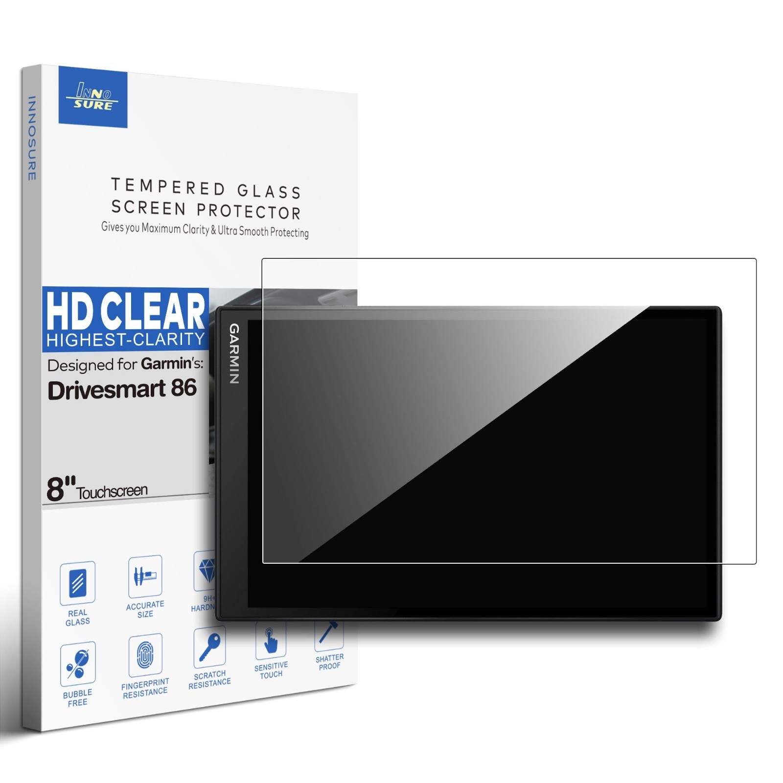 Premium Tempered Glass Screen Protector for 8" Garmin Drivesmart 86 GPS - HD Cle