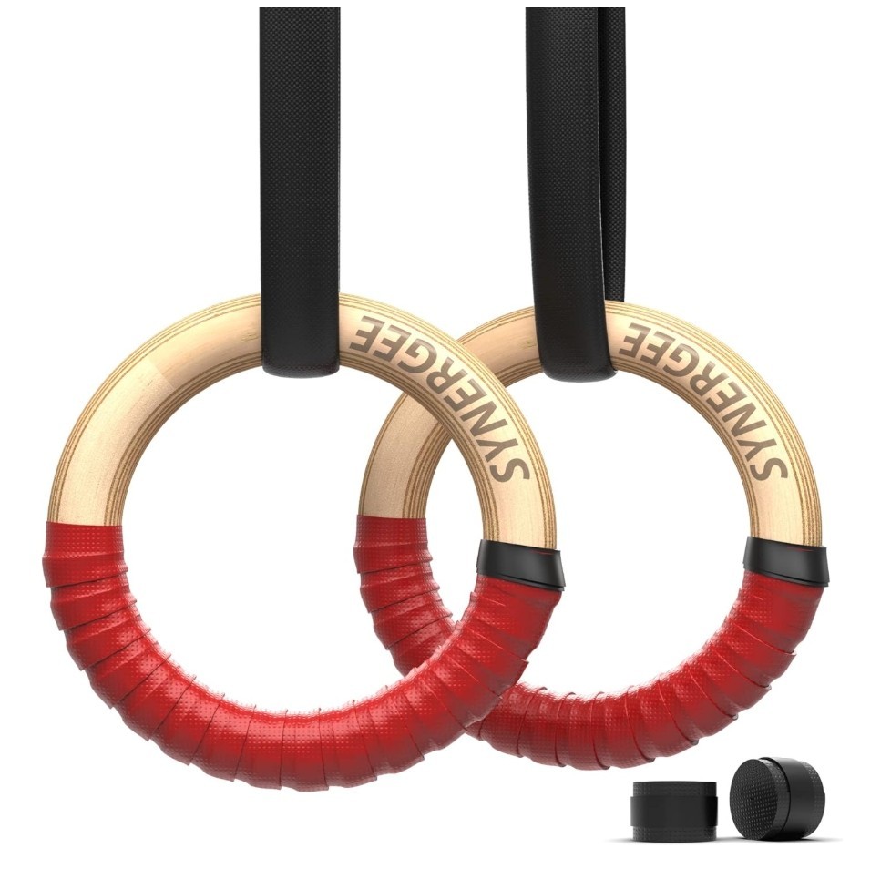 Synergee Wood Olympic Gymnastics Rings 1.25" and 1" Grip with Adjustable Straps