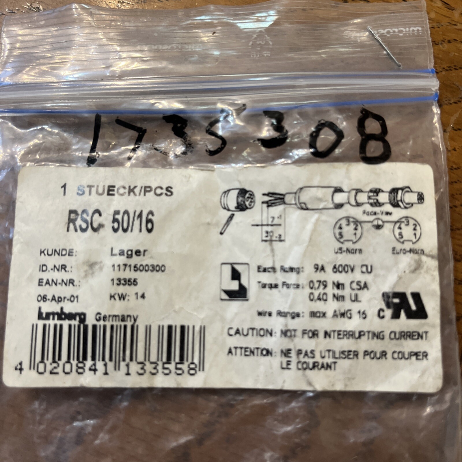 Lumberg RSC 50/16 connector male straight cable kit. NEW Qty-1 Free Shipping!