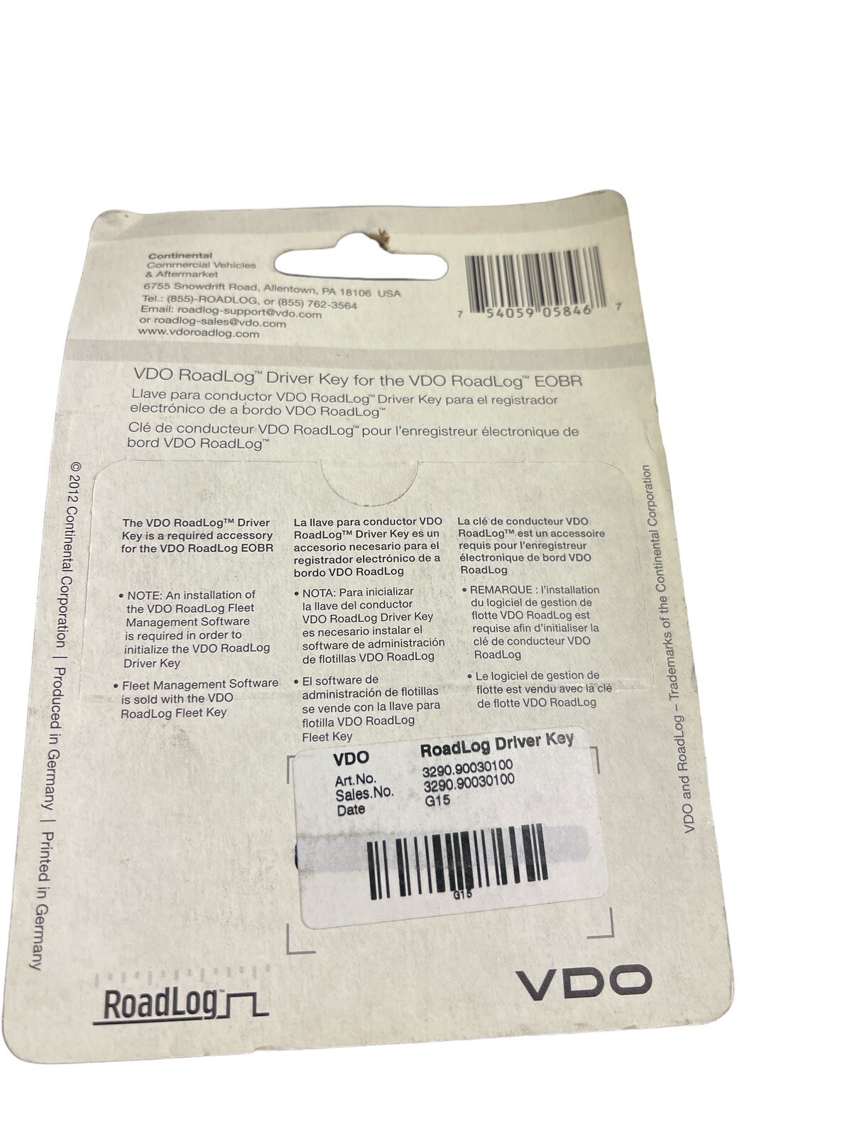 VDO RoadLog Driver Key for the VDO Road Log ELD EOBR ~ New in the Package