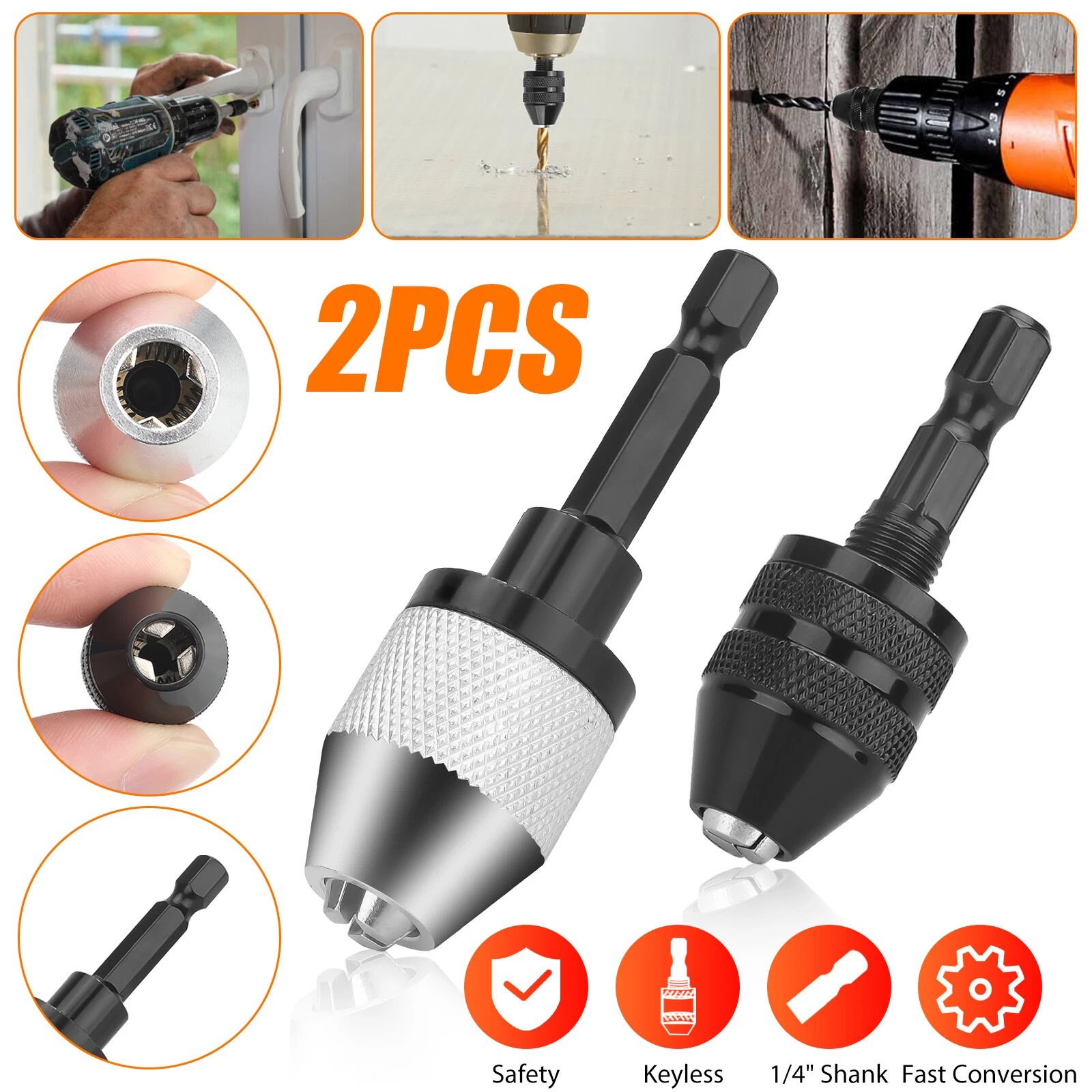 2x Keyless Chuck Conversion 1/4" Hex Shank For Drill Bit Adapter Professional