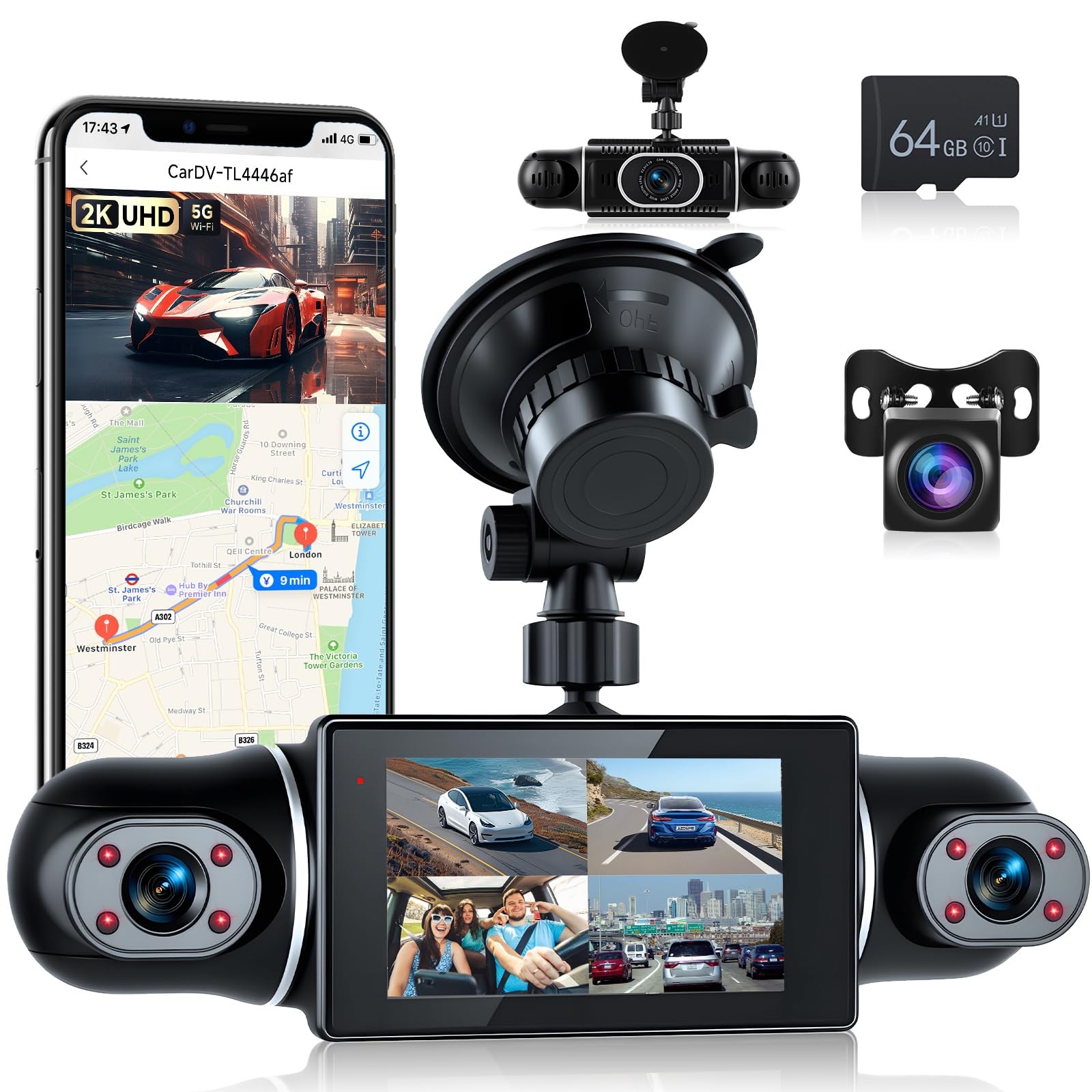 360° View 4 Channel Dash Cam 2K+1080P Front and Rear Inside, Left Right,WiFi ...
