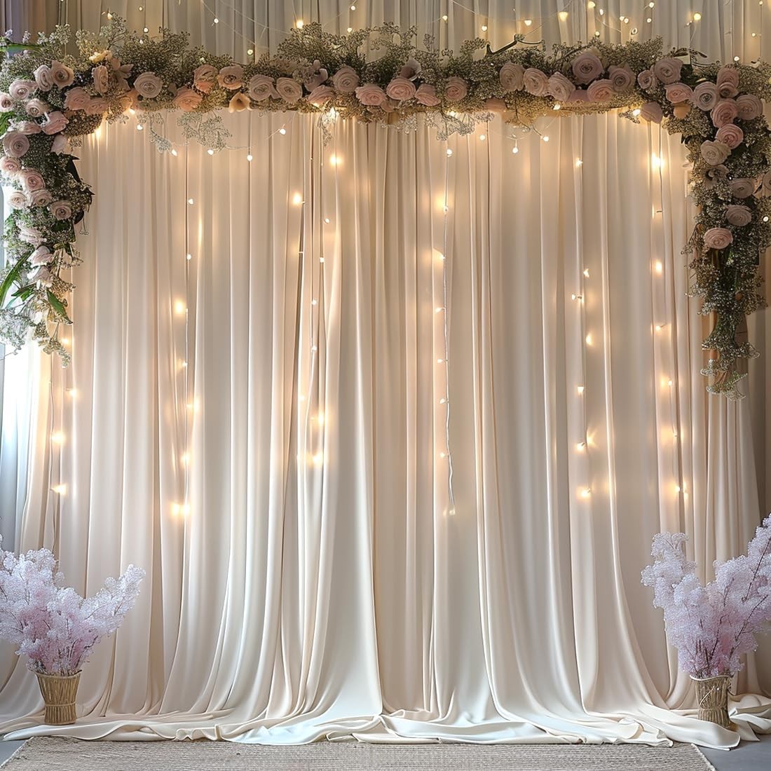 Esgotbme 10X10Ft Wrinkle Ivory Backdrop Curtain For Parties Soft Fabric Drapes
