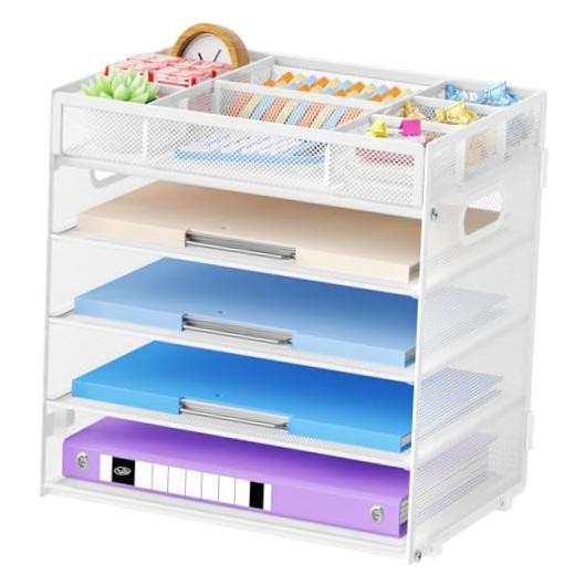 5 Tier Paper Organizer Letter Tray, Mesh Desk File Top adjustable White